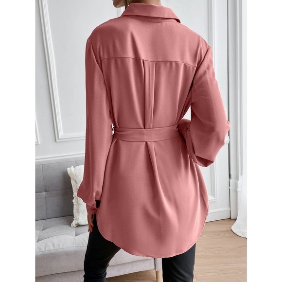 long sleeve Button down Belted tunic length Shirt tan - Picture 7 of 11